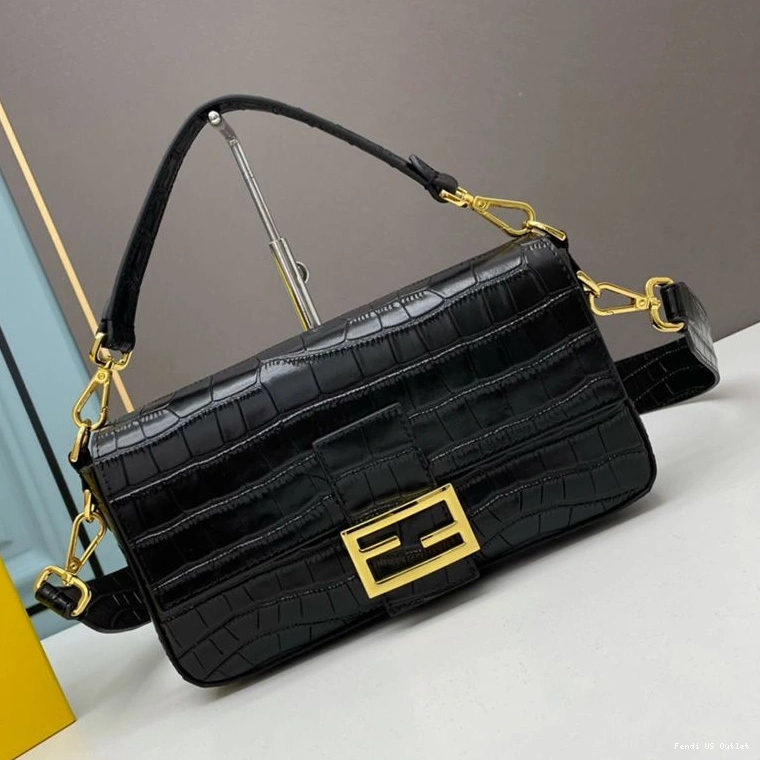 Affordable HOT Medium Black In Baguette Crocodile Bag Fendi Leather 0723